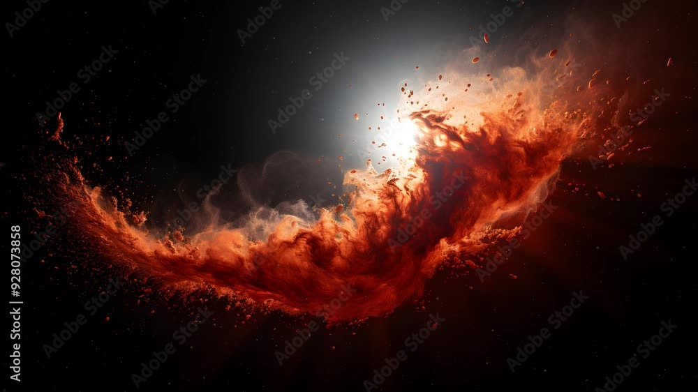 Poster a celestial event unfolds, a breathtaking swirl of red dust and gas explodes outward from a distant 