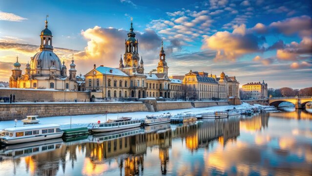 Winter scene in Dresden featuring the Frauenkirche, Elbe River