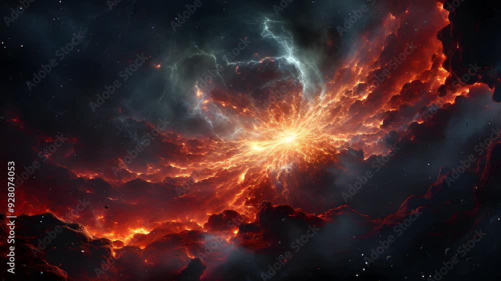 Poster a mesmerizing view of a fiery nebula, with swirling clouds of gas and dust illuminated by an intense