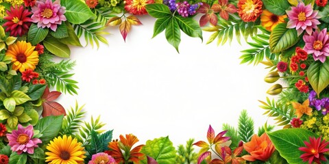 Fototapeta premium Frame decorated with vibrant leaves and flowers, botanical, nature, foliage, decorative, design, colorful, fresh, greenery