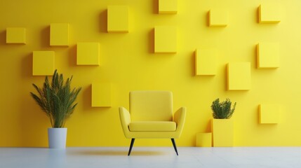 Bright yellow geometric blocks give a lively touch to the modern space complemented by a cozy chair and potted plants