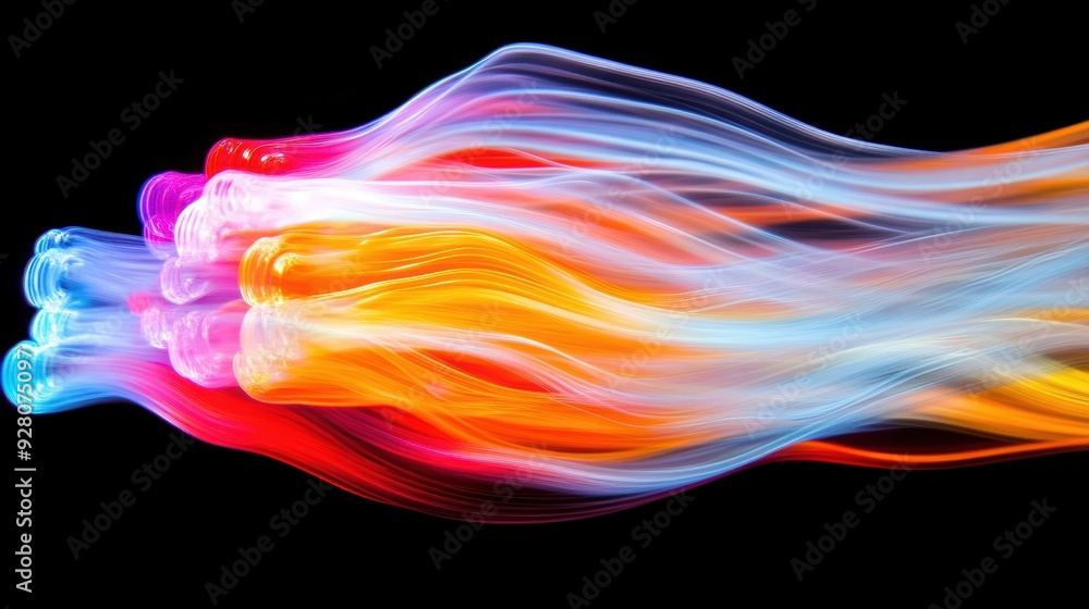 Poster vibrant light trails swirl and intermingle in a dynamic, mesmerizing pattern against a black backgro