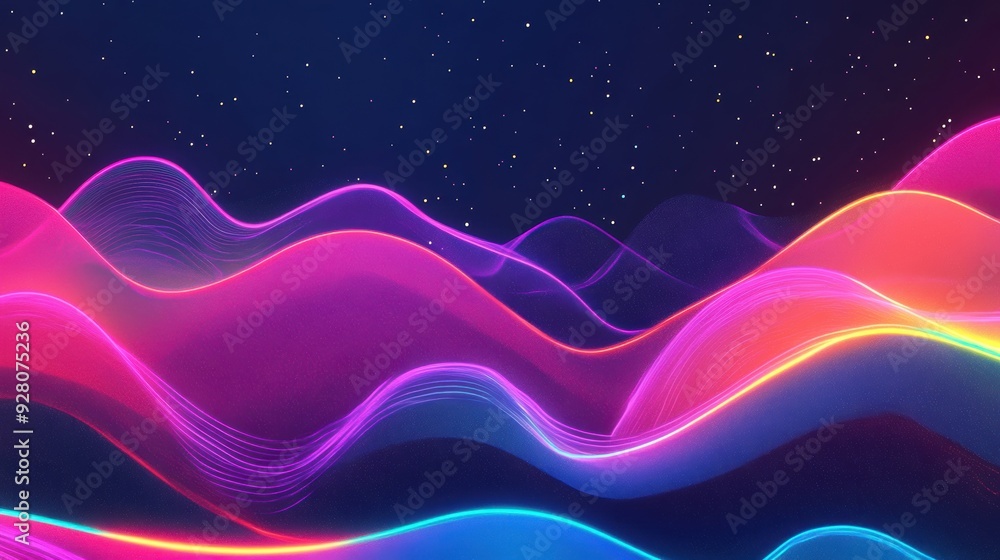 Poster colorful neon waves undulate across a dark background, creating a captivating visual experience