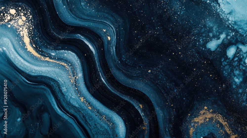 Poster deep blue waves with shimmering gold accents create a captivating abstract pattern