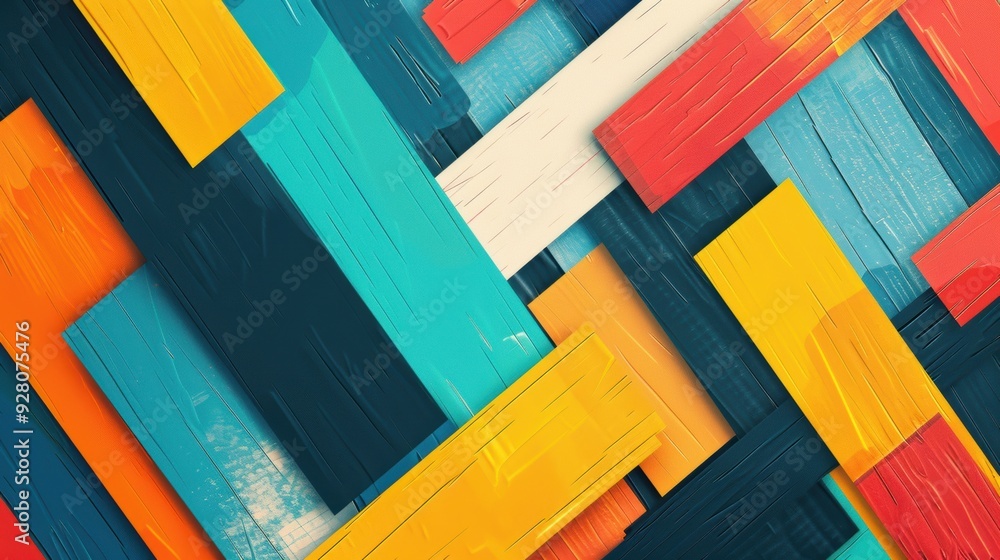Poster colorful blocks overlap in a dynamic arrangement, showcasing a modern abstract geometric design