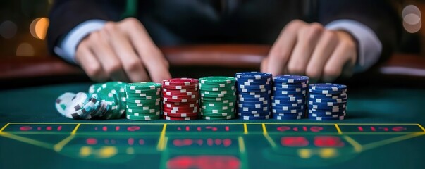 Naklejka premium A player analyzing a roulette table layout with chips strategically placed on specific numbers, photo-realistic, focused strategy in action