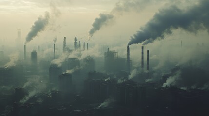 Fototapeta premium A dense smog hangs over a city skyline, obscuring the buildings and creating a hazy, ominous atmosphere.