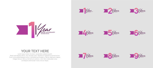 anniversary logotype set. purple number and ribbon for celebration