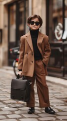 Obraz premium Fashionable Urban Professional in Stylish Coat Carrying Briefcase on City Street