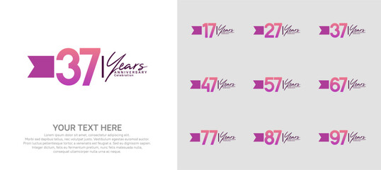 anniversary logotype set. purple number and ribbon for celebration