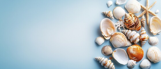A beautiful collection of seashells arranged on a soft blue background, perfect for beach-themed designs and nature projects.