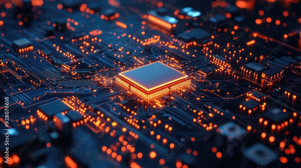 Poster close up of a glowing computer chip on a circuit board.