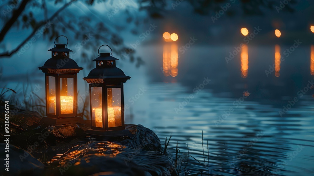 Poster two lit lanterns stand on a rock by a dark lake with a slight mist. the lanterns cast a warm glow on