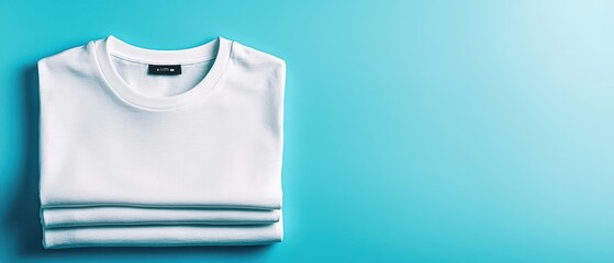 A neatly folded white t-shirt on a vibrant blue background, perfect for minimalist fashion and clothing presentations.