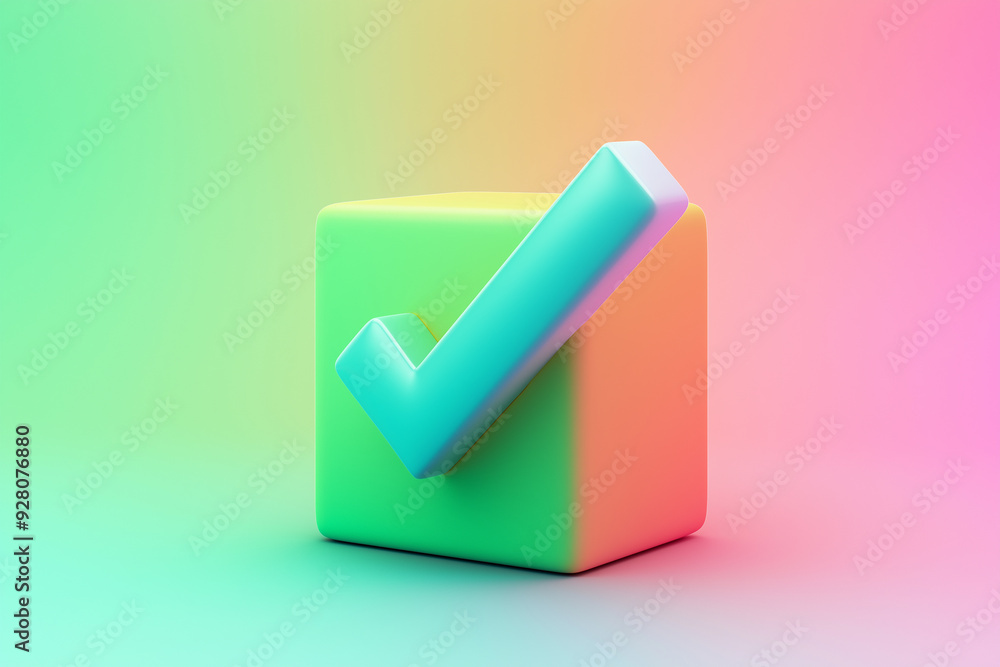 Poster blue check mark symbol floating over green cube on colorful background