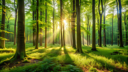 Forest in summer, Beautiful and bright nature. Light and shadow on a forest