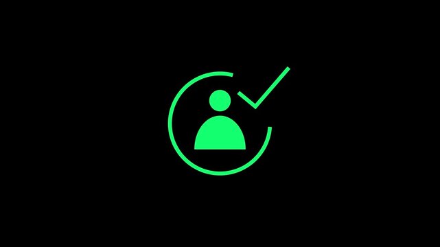 abstract verified user profile with a check mark turquoise color animation. Black background 4k video.