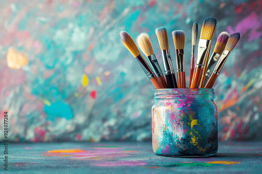 Poster Paintbrushes resting in colorful jar with abstract background for creative arts concept