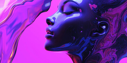 Fototapeta premium 3d rendered woman face emerging from liquid chrome substance