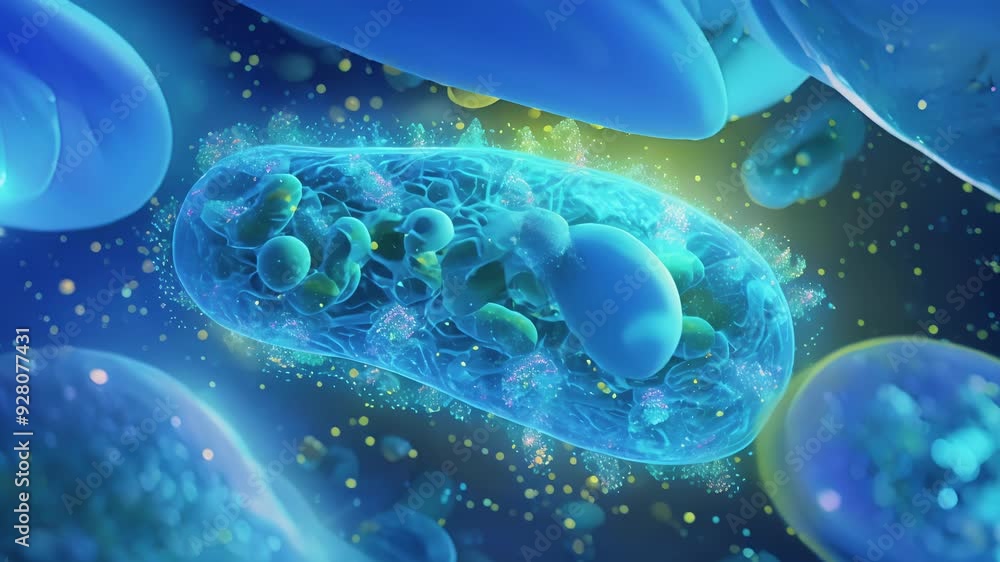 Poster a fluorescent microscopy image of mitochondria within a cell clearly showing their distribution and 
