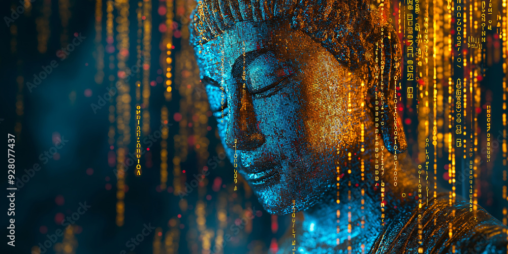 Leinwandbilder Buddha statue being formed by falling binary code data rain