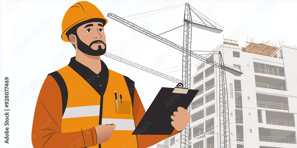 Aufkleber construction manager holding a clipboard and inspecting a building site with cranes
