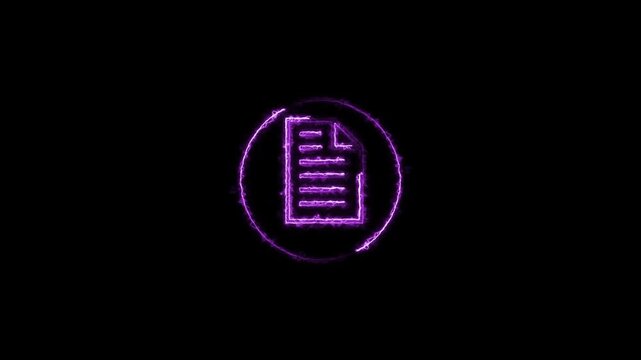 Abstract documents uploading icon neon glowing medium purple color animation.  medium purple color circle  Black background  4k video.