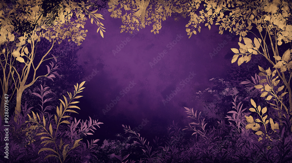 Poster golden and purple foliage creating a natural frame on a textured background