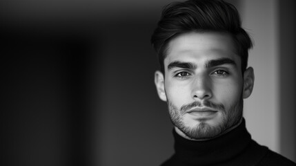 Obraz premium Serious young man with turtleneck is posing in black and white