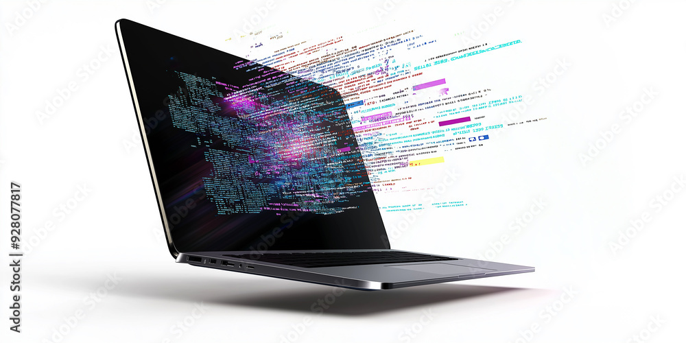 Poster Modern laptop displaying complex programming code on white background