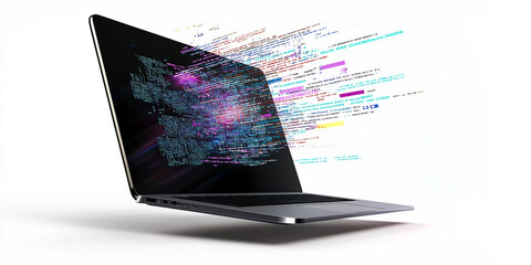Modern laptop displaying complex programming code on white background