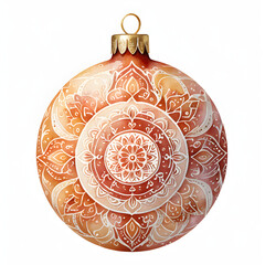 Fototapeta premium Christmas bauble clipart, decorated with mandala patterns, watercolor illustration, warm tones, isolated on white background