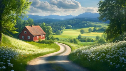 A peaceful green countryside with a winding road and an old red house.