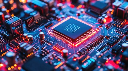 Close-up of a computer motherboard with glowing red and blue lights.