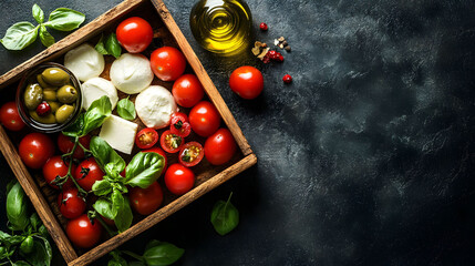 Mozzarella cheese cherry tomatoes basil leaves oil olives in a wooden box Top view Free space for text