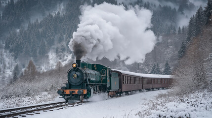 Steam train blowing smoke while traveling through snowy mountains
