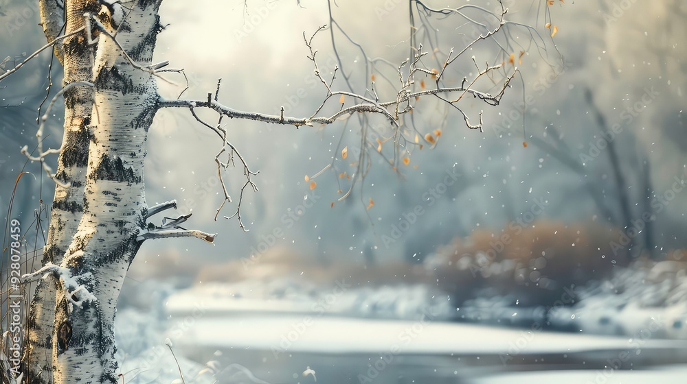 Poster a birch tree with bare branches stands tall in a winter scene, with a blurred background of a frozen