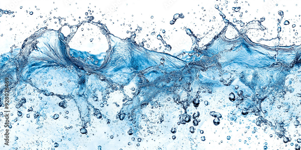 Poster clear blue water splashing with bubbles on white background