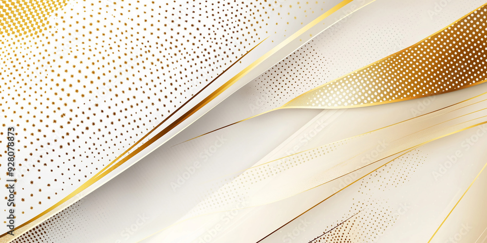 Poster white and gold background with abstract shapes and halftone pattern