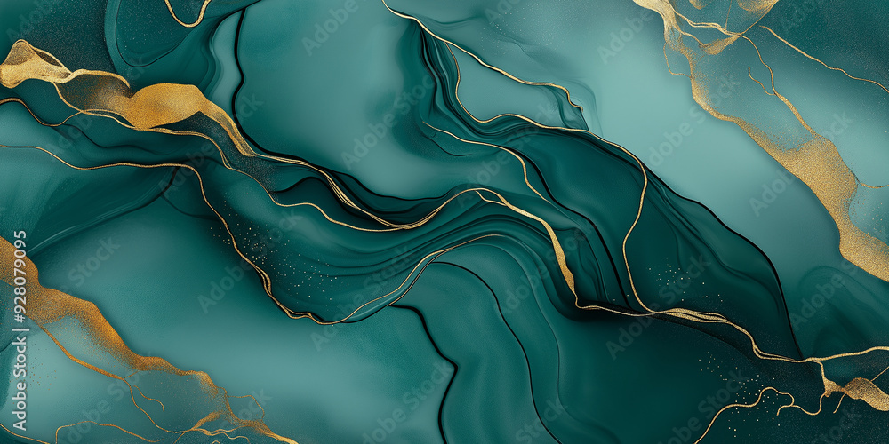 Aufkleber abstract fluid art painting in emerald green and gold color flowing background