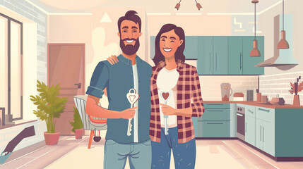 A happy couple holding a house key with a house-shaped keyring, smiling in their new modern home.