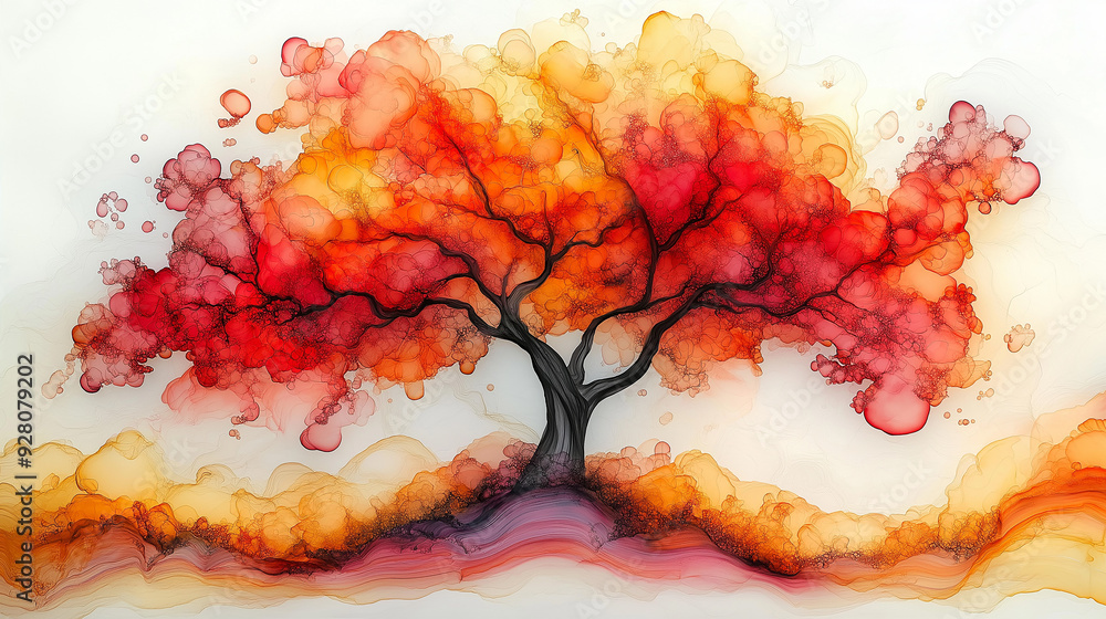 Poster abstract colorful tree with orange and red leaves growing on a hill