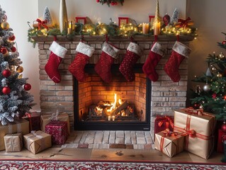 A warm and inviting Christmas fireplace setting, stockings hanging from the mantle, a decorated Christmas tree in the corner, and wrapped presents underneath