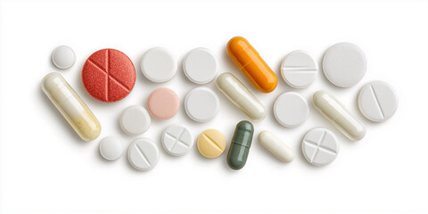 Colorful pills and capsules forming a line on a white background