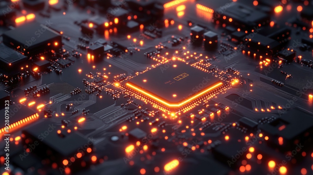 Aufkleber close-up of a lit-up computer chip on a circuit board.
