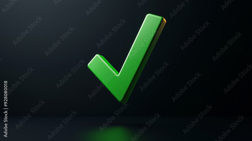 Poster green check mark symbol floating over dark background with reflection