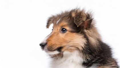 ラフ・コリーの子犬のポートレート（Rough Collie puppy portrait on white background）

