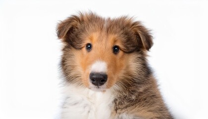 ラフ・コリーの子犬のポートレート（Rough Collie puppy portrait on white background）

