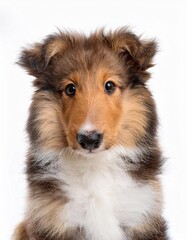 ラフ・コリーの子犬のポートレート（Rough Collie puppy portrait on white background）
