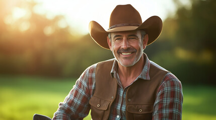 Smiling cowboy in a hat poses in a green field during golden hour.